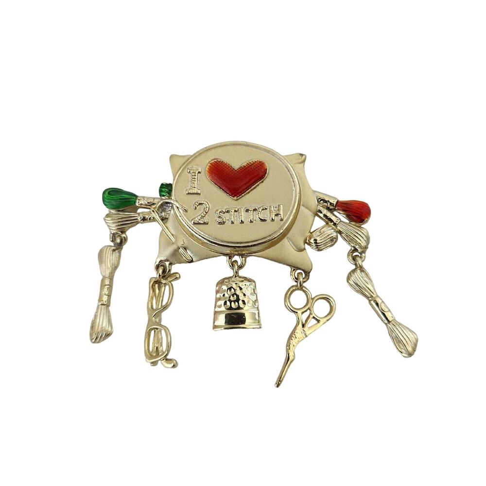Danecraft I Love 2 Stitch Gold Tone Dangle Sewing Craft Supplies Brooch Vintage